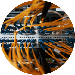 Eine Frontalaufnahme eines Server Racks, aus dem zahlreiche Kabel herausagen.